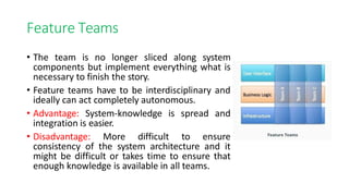 Feature Teams
• The team is no longer sliced along system
components but implement everything what is
necessary to finish the story.
• Feature teams have to be interdisciplinary and
ideally can act completely autonomous.
• Advantage: System-knowledge is spread and
integration is easier.
• Disadvantage: More difficult to ensure
consistency of the system architecture and it
might be difficult or takes time to ensure that
enough knowledge is available in all teams.
 