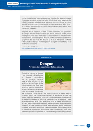 Unidad 2 | Sesión 1 20
MINEDU - Dirección de Formación Docente en Servicio, 2024
Curso virtual Metodologías activas para el desarrollo de la competencia lectora
mortal, que afectaba a las personas que visitaban las áreas tropicales.
En general, se dieron largos intervalos (10-40 años) entre las epidemias
más importantes, principalmente porque la introducción de un nuevo
serotipo en una población susceptible se daba solamente si los virus y
su mosquito vector podían sobrevivir el lento transporte en veleros entre
los centros poblados.
Después de la Segunda Guerra Mundial comenzó una pandemia
de dengue en el Sureste Asiático que desde entonces se ha venido
propagando por el resto del mundo. En la actualidad son más frecuentes
las epidemias causadas por el dengue; se ha ampliado la distribución
geográfica de los virus del dengue y de sus mosquitos vectores;
y ha surgido el dengue hemorrágico en la región del Pacífico y en el
continente americano.
Adaptación.Minsa.(2015).El origen
https://dengue.ins.gob.pe/index.php/2012-11-06-14-32-41/el-origen
Texto histórico N° 2
En todo el mundo, el dengue
y su variedad más peligrosa,
el dengue hemorrágico,
son un problema creciente
para la salud pública. En las
Américas, el patrón es similar
a lo observado en Asia hace
30 años, siendo actualmente
el dengue la enfermedad viral
más importante transmitida
por mosquitos y que afecta a los seres humanos; el Aedes aegypti,
mosquito vector de los virus del dengue, se encuentra en casi 100
países tropicales, se calcula, que unos 2,5 billones de personas habitan
en áreas donde existe el riesgo de transmisión de la epidemia. Luego
de su eliminación en el Perú, en el año 1956, el Aedes aegyti retorna
en 1984, siendo inminente el ingreso del dengue: esto ocurrió en forma
explosiva en 1990, presentándose el dengue clásico en las principales
ciudades de nuestra Amazonía. Desde entonces, somos testigos de
su inexorable expansión a las ciudades de la costa norte y otras de la
Amazonia, habiendo aparecido ya casos de dengue hemorrágico en los
Dengue
Crónica de una enfermedad anunciada
 