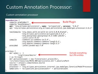 Custom Annotation Processor:
Build Plugin
Exclude everything
but JPA entities
Custom annotation processor
 