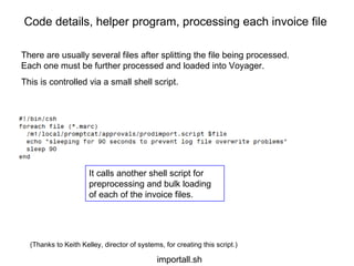 There are usually several files after splitting the file being processed. Each one must be further processed and loaded into Voyager. This is controlled via a small shell script. It calls another shell script for preprocessing and bulk loading of each of the invoice files. Code details, helper program, processing each invoice file (Thanks to Keith Kelley, director of systems, for creating this script.) importall.sh 