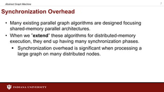Synchronization Overhead
• Many existing parallel graph algorithms are designed focusing
shared-memory parallel architectures.
• When we ”extend” these algorithms for distributed-memory
execution, they end up having many synchronization phases.
 Synchronization overhead is significant when processing a
large graph on many distributed nodes.
7Abstract Graph Machine
 