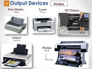 Output Devices4
Dot-Matrix
Ribbon
Laser
Powder
Inkjet
Ink spray
3D Printer
Printers
Plotter
Powder
 