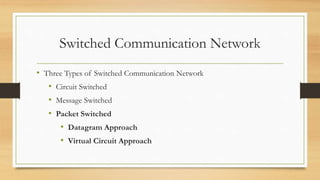 Switched Communication Network
• Three Types of Switched Communication Network
• Circuit Switched
• Message Switched
• Packet Switched
• Datagram Approach
• Virtual Circuit Approach
 