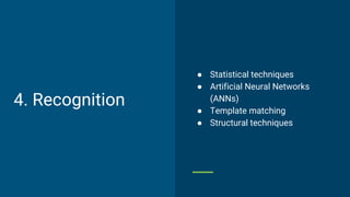 ● Statistical techniques
● Artificial Neural Networks
(ANNs)
● Template matching
● Structural techniques
4. Recognition
 