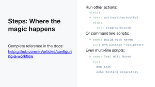 Steps: Where the
magic happens
Complete reference in the docs:
help.github.com/en/articles/conﬁguri
ng-a-workﬂow
Run other actions:
steps:
- uses: actions/checkout@v1
with:
ref: staging-branch
Or command line scripts:
- name: Build with Maven
run: mvn package -DskipTests
Even multi-line scripts:
- name: Test with Maven
run: |
mvn test
echo Testing separately
 