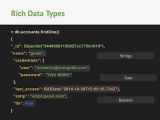 Rich Data Types 
> db.accounts.findOne() 
{ 
"_id": ObjectId("54490561150027cc775b1019"), 
"name": "gmail", 
"credentials": { 
Strings 
"user": "norberto@mongodb.com", 
"password": "YOU WISH!" 
}, 
”last_access": ISODate("2014-10-30T13:09:36.724Z"), 
"smtp": "smpt.gmail.com", 
"tls": true 
} 
Date 
Boolean 
 