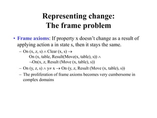 Representing change:
The frame problem
• Frame axioms: If property x doesn’t change as a result of
applying action a in state s, then it stays the same.
– On (x, z, s)  Clear (x, s) 
On (x, table, Result(Move(x, table), s)) 
On(x, z, Result (Move (x, table), s))
– On (y, z, s)  y x  On (y, z, Result (Move (x, table), s))
– The proliferation of frame axioms becomes very cumbersome in
complex domains
 