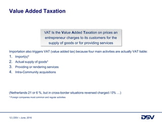 12 | DSV – June, 2016
Importation also triggers VAT (value added tax) because four main activities are actually VAT liable:
1. Import(s)*
2. Actual supply of goods*
3. Providing or rendering services
4. Intra-Community acquisitions
(Netherlands 21 or 6 %, but in cross-border situations reversed charged / 0% …)
* Foreign companies most common and regular activities
Value Added Taxation
VAT Is the Value Added Taxation on prices an
entrepreneur charges to its customers for the
supply of goods or for providing services
 