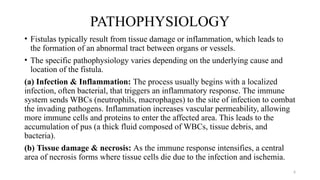 6
PATHOPHYSIOLOGY
• Fistulas typically result from tissue damage or inflammation, which leads to
the formation of an abnormal tract between organs or vessels.
• The specific pathophysiology varies depending on the underlying cause and
location of the fistula.
(a) Infection & Inflammation: The process usually begins with a localized
infection, often bacterial, that triggers an inflammatory response. The immune
system sends WBCs (neutrophils, macrophages) to the site of infection to combat
the invading pathogens. Inflammation increases vascular permeability, allowing
more immune cells and proteins to enter the affected area. This leads to the
accumulation of pus (a thick fluid composed of WBCs, tissue debris, and
bacteria).
(b) Tissue damage & necrosis: As the immune response intensifies, a central
area of necrosis forms where tissue cells die due to the infection and ischemia.
 