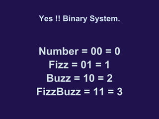 Yes !! Binary System.
Number = 00 = 0
Fizz = 01 = 1
Buzz = 10 = 2
FizzBuzz = 11 = 3
 
