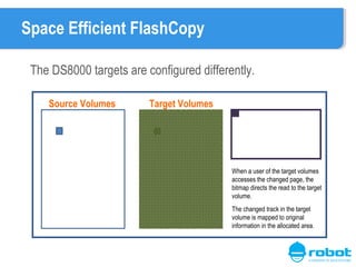 Space Efficient FlashCopy
The DS8000 targets are configured differently.
Source Volumes

Target Volumes

When a user of the target volumes
accesses the changed page, the
bitmap directs the read to the target
volume.
The changed track in the target
volume is mapped to original
information in the allocated area.

 