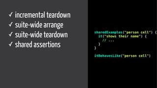 ✓ incremental teardown
✓ suite-wide arrange
✓ suite-wide teardown
✓ shared assertions
sharedExamples("person cell") {
it("shows their name") {
// ...
}
}
itBehavesLike("person cell")
 