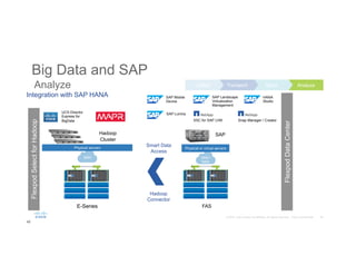 40© 2015 Cisco and/or its affiliates. All rights reserved. Cisco Confidential
Analyze
Integration with SAP HANA
© 2015 NetApp, Inc. All rights reserved. NetApp Confidential – Limited Use40
Hadoop
Cluster
UCS Director
Express for
BigData
FlexpodSelectforHadoop
SAN /
NAS
Physical or virtual servers
SAP
SAP Landscape
Virtualization
Management
SSC for SAP LVM Snap Manager / Creator
Smart Data
Access
SAP Mobile
Device
SAP Lumira
HANA
Studio
FlexpodDataCenter
E-Series FAS
Hadoop
Connector
SAN
Physical servers
AnalyzeStoreTransportCollect
Big Data and SAP
 