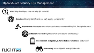Why: Why should you care and why is it so hard?
Open Source Security Risk Management
Selection: How to identify and use high-quality components?
Governance: How to set and enforce policies to ensure nothing falls through the cracks?
Detection: How to truly know what open source you’re using?
Prioritization, Mitigation, & Remediation: What to do and when?
Monitoring: What happens after you release?
 