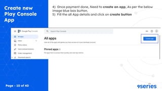 Create new
Play Console
App
4) Once payment done, Need to create an app, As per the below
image blue box button.
5) Fill the all App details and click on create button
Page - 10 of 40
 