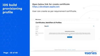 iOS build
provisioning
profile
Open below link for create certificate
https://developer.apple.com
User can create as per requirement certificate.
Page - 25 of 40
 