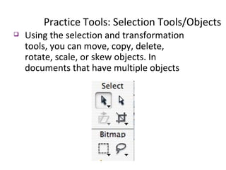 Practice Tools: Selection Tools/Objects  Using the selection and transformation tools, you can move, copy, delete, rotate, scale, or skew objects. In documents that have multiple objects 