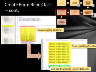 Create Form Bean Class
– cont.


               Copy mapping attributes




                                               Paste to NIG670DataBea




                           And add fn attribute to each data bean
 