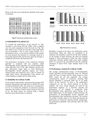 IJRET: International Journal of Research in Engineering and Technology eISSN: 2319-1163 | pISSN: 2321-7308
__________________________________________________________________________________________
Volume: 03 Special Issue: 02 | Mar-2014 | ETCAN-2-14, Available @ http://www.ijret.org 25
Based on the above two methods the reliability of the router
is estimated.
Fig. 8 Tolerating multiple faulty router
5. EXPERIMENTAL RESULTS
To evaluate the performance of the network, an NoC
simulator is used along with the VHDL codes is applied
over the entire components of the Network on Chip. The
data width is set to 32 bits for all routers. Each input buffer
can accommodate 8 flits in each virtual channel. As a
performance metric, we use latency defined as the number
of cycles between the initiation of a message issued by a
Processing Element (PE) and the time when the message is
completely delivered to the destination PE.
The performance estimation of this connection retaining
approach is compared with two methods, called
Reconfigurable Switch algorithm [13] and Reconfigurable
Links algorithm [14]. In the other methods, packets may
take unnecessary longer paths to reach destinations.
Reconfigurable Switch algorithm requires one virtual
channel along each dimension and is able to tolerate all
single faulty routers. Reconfigurable Links utilizes two
virtual channels to support all two faulty routers.
5.1 Reliability for Uniform Traffic
In the uniform traffic profile, each processing element (PE)
generates data packets and sends them to another PE using
a uniform distribution [20]. The mesh size is considered to
be 4×4. To evaluate the reliability of connection retaining
algorithm, the number of faulty routers increases from one
to six. All faulty routers are selected using a random
function and its performance is evaluated.
Fig 9 Reliability Analysis
Reliability is based on the above two performance metric
measurement. When the faults are considered to be
minimum, the reliability is good for all the three methods.
As the number of faults increases, the other two methods
degrade in their performance. Unlike the other methods
connection retaining method holds good under multiple
faults. It is proved to be moreefficient with the reliability
estimation of about 99.5% under multiple faults in the
network.
5.2 Performance Analysis for Uniform Traffic
The average communication latency of Reconfigurable
Switch algorithm and Reconfigurable Links are obtained
under the cases of single and two faulty routers as more
faulty routers are not well supported. The average
communication latency of Connection retaining fault
tolerant algorithm is measured under one to six faulty
routers in the network. To have a fair performance
comparison we use two virtual channels in all three
methods. The extra virtual channels are used for the
performance purposes. In a fault-free network, the
performance of all methods is comparable while
Reconfigurable Links outperforms others because of its
better adaptiveness. As the number of faults increases, the
performance of Reconfigurable Switch algorithm and
Reconfigurable Links significantly decreases. We increase
the number of faulty routers to six faults and measure the
performance of connection retaining method. Surprisingly,
the performance gradually starts growing under the same
traffic load.
 
