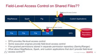 © 2014 MapR Technologies 33
Field-Level Access Control on Shared Files??
MapReduce Custom Applications
File File File File
DFS
• DFS provides file-level access control
• Some execution engines provide field-level access control
• Fine-grained permissions stored in separate permission repository (Sentry/Ranger)
• What about MapReduce, Spark, and custom applications that don’t provide field-level
access control??
Permission
Repository
DFS
Spark Pig Hive
P
P
Field-level Access Control
File-level Access Control
 