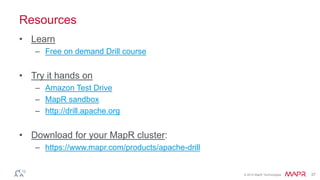 © 2014 MapR Technologies 37
Resources
• Learn
– Free on demand Drill course
• Try it hands on
– Amazon Test Drive
– MapR sandbox
– http://drill.apache.org
• Download for your MapR cluster:
– https://www.mapr.com/products/apache-drill
 
