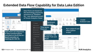 © MJR Analytics 2018, T: +44 01273 041134 (UK) 415-218-2161 (US) W: https;//mjr-analytics.com E: info@mjr-analytics.com32
Data Flows are sequences
of data transformations
executed on the BI Server -
Spark execution on
roadmap for OAC DL
Create
Essbase Cube
Time Series
Forecast
Sentiment
Analysis
Predictive / ML
Model Train and
Build
Run custom R and
other python
scripts
Extended Data Flow Capability for Data Lake Edition
Data Flows are based on
the technology previously
announce as “Dataflow
ML”, now delivered as part
of Oracle Analytics Cloud
 