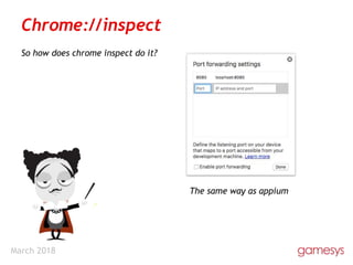 March 2018
Chrome://inspect
So how does chrome inspect do it?
The same way as appium
 