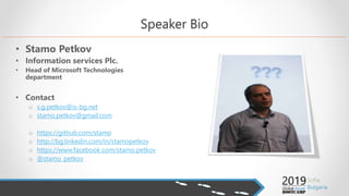 Speaker Bio
• Stamo Petkov
• Information services Plc.
• Head of Microsoft Technologies
department
• Contact
o s.g.petkov@is-bg.net
o stamo.petkov@gmail.com
o https://github.com/stamo
o http://bg.linkedin.com/in/stamopetkov
o https://www.facebook.com/stamo.petkov
o @stamo_petkov
 