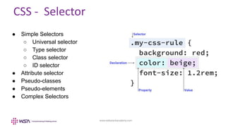 www.webstackacademy.com
CSS - Selector
● Simple Selectors
○ Universal selector
○ Type selector
○ Class selector
○ ID selector
● Attribute selector
● Pseudo-classes
● Pseudo-elements
● Complex Selectors
 