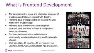 www.webstackacademy.com
What is Frontend Development
● The development of visual and interactive elements of
a website/app that users interact with directly.
● Frontend devs are responsible for creating the user
interface of a website/app.
● Frontend devs primarily work with designers,
back-end devs and PMs to fulfil the final product
meets requirements.
● Front devs ensure that the website/app is
user-friendly, aesthetically pleasing, and functionally
efficient.
● Web Developer, UI Engineer, UI Developer, Front
Engineer, HTML/CSS/JS Developer, App Developer...
 