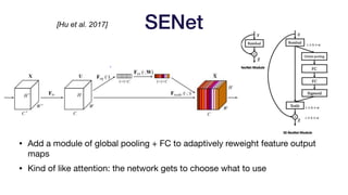 SENet
• Add a module of global pooling + FC to adaptively reweight feature output
maps

• Kind of like attention: the network gets to choose what to use
 
