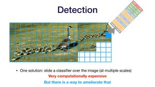 Detection
• One solution: slide a classifier over the image (at multiple scales)
Very computationally expensive
But there is a way to ameliorate that
 