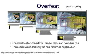 Overfeat
http://www.image-net.org/challenges/LSVRC/2013/slides/overfeat_ilsvrc2013.pdf
[Sermanet, 2013]
• For each location considered, predict class and bounding box

• Then count votes and unify via non-maximum suppression
 