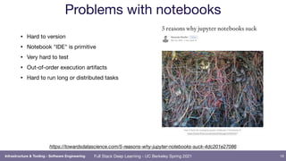 Full Stack Deep Learning - UC Berkeley Spring 2021
Problems with notebooks
• Hard to version

• Notebook "IDE" is primitive

• Very hard to test

• Out-of-order execution artifacts

• Hard to run long or distributed tasks
16
https://towardsdatascience.com/5-reasons-why-jupyter-notebooks-suck-4dc201e27086
Infrastructure & Tooling - Software Engineering
 
