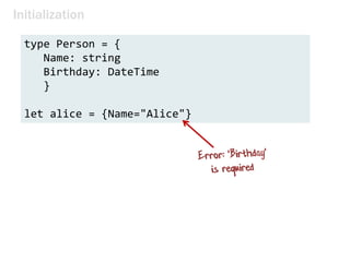 Initialization
type Person = {
Name: string
Birthday: DateTime
}
let alice = {Name="Alice"}
 