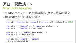 

Arrow Function Expressions
var s1 = function (x: number) { return Math.sin(x); } // 標準式
var s2 = (x: number) => { return Math.sin(x); }
var s3 = (x: number) => Math.sin(x)
var s4 = x => { return Math.sin(x); }
var s5 = x => Math.sin(x)
var s0: (x: number) => number;
s0 = x => Math.sin(x)
 