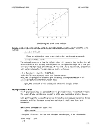 R PROGRAMMING (R16) II B.Tech I SEM
113
Smoothing the exam score relation
But you could avoid some work by using the curve() function, which basically uses the same
method:
If you are adding this curve to an existing plot, use the add argument:
The optional argument n has the default value 101, meaning that the function will
be evaluated at 101 equally spaced points in the specified range of x. Use just
enough points for visual smoothness. If you find 101 is not enough, experiment
with higher values of n. You can also use plot(), as follows:
> f <- function(x) return((x^2+1)^0.5)
> plot(f,0,5) # the argument must be a function name
Here, the call plot() leads to calling plot.function(), the implementation of the
generic plot() function for the function class.
Again, the approach is your choice; use whichever one you prefer.
Saving Graphs to Files
The R graphics display can consist of various graphics devices. The default device is
the screen. If you want to save a graph to a file, you must set up another device.
Let‘s go through the basics of R graphics devices first to introduce R graphics device
concepts, and then discuss a second approach that is much more direct and
convenient.
R Graphics Devices Let‘s open a file:
This opens the file d12.pdf. We now have two devices open, as we can confirm:
> dev.list() X11 pdf
2 3
>
>
>
 