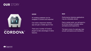 OUR STORY
GOOD
An existing codebase can be
wrapped in Cordova and exported.
Can build a responsive desktop
app and get a mobile app for free.
There are a number of Cordova
plugins to take advantage of native
features.
BAD
Performance intensive applications
may be noticeably slower.
Past a certain point, you will spend a
lot of time trying to emulate native
animations and experience.
The feel is more of a web app, less
smooth animations and transitions.
 