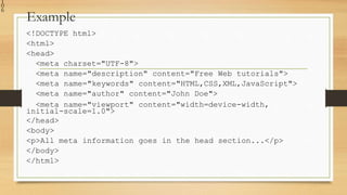 1
0
6
Example
<!DOCTYPE html>
<html>
<head>
<meta charset="UTF-8">
<meta name="description" content="Free Web tutorials">
<meta name="keywords" content="HTML,CSS,XML,JavaScript">
<meta name="author" content="John Doe">
<meta name="viewport" content="width=device-width,
initial-scale=1.0">
</head>
<body>
<p>All meta information goes in the head section...</p>
</body>
</html>
 