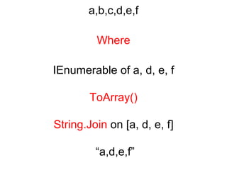 a,b,c,d,e,f Where IEnumerable of a, d, e, f ToArray() String.Join  on [a, d, e, f]  “a,d,e,f” 