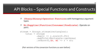 API Blocks – Special Functions and Constructs
 (Unary|Binary)Operator: Functions with homogenous argument
types
 Bi(Supplier|Function|Consumer|Predicate): Operate on
pairs:
stream = Arrays.stream(rectangles);
total = stream
.map(r -> r.scale(0.25))
.mapToInt(Rectangle::getArea)
.reduce(0,(r, s) -> r + s);
(Pair versions of the conversion functions as seen before)
11
 