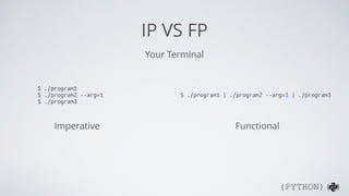 (PYTHON)( )
FUNCTIONAL PROGRAMMING
+ No state
+ Immutable data
+ Function as ﬁrst-class citizen
+ Higher-order function
+ Purity
+ Recursion, tail recursion
+ ...the list is too long to name here
 