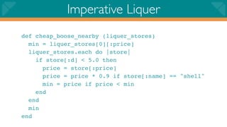 Imperative Liquer
def cheap_boose_nearby (liquer_stores)
  min = liquer_stores[0][:price]
  liquer_stores.each do |store|
    if store[:d] < 5.0 then
      price = store[:price]
      price = price * 0.9 if store[:name] == "shell"
      min = price if price < min
    end
  end
  min
end
 