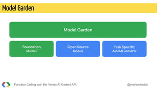 Function Calling with the Vertex AI Gemini API @martonkodok
Model Garden
Task Specific
AutoML and APIs
Open Source
Models
Foundation
Models
Model Garden
 