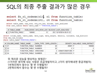 143
SQL의 최종 추출 결과가 많은 경우
위 쿼리문 성능을 향상하는 방법은?
(1가지만 생각해 내는 사람은 초급개발자이고, 2가지 생각해내면 중급개발자)
1번쿼리에서 함수는 몇 번 수행될까?
2번쿼리에서 함수는 몇 번 수행될까?
 