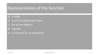 Representation of the function
a) A table
b) A set of ordered pair form
c) An arrow diagram
d) A graph
e) A formula ( or an equation)
6/28/2020 JANAK SINGH SAUD 18
 
