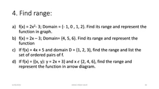 4. Find range:
a) f(x) = 2x2- 3; Domain = {- 1, 0 , 1, 2}. Find its range and represent the
function in graph.
b) f(x) = 2x – 3; Domain= {4, 5, 6}. Find its range and represent the
function
c) If f(x) = 4x + 5 and domain D = {1, 2, 3}, find the range and list the
set of ordered pairs of f.
d) If f(x) = {(x, y): y = 2x + 3} and x 𝜖 {2, 4, 6}, find the range and
represent the function in arrow diagram.
6/28/2020 JANAK SINGH SAUD 30
 