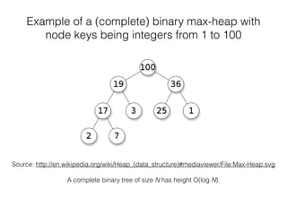 Example of a (complete) binary max-heap with
node keys being integers from 1 to 100
Source: http://en.wikipedia.org/wiki/Heap_(data_structure)#mediaviewer/File:Max-Heap.svg
!
A complete binary tree of size N has height O(log N).
 