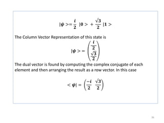 36
|𝝍 >=
𝒊
𝟐
|𝟎 > +
√𝟑
𝟐
|𝟏 >
The Column Vector Representation of this state is
|𝝍 > =
𝒊
𝟐
𝟑
𝟐
The dual vector is found by computing the complex conjugate of each
element and then arranging the result as a row vector. In this case
< 𝝍| =
−𝒊
𝟐
√𝟑
𝟐
 