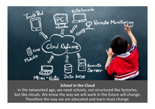 School	
  in	
  the	
  Cloud	
  
In	
  the	
  networked	
  age,	
  we	
  need	
  schools,	
  not	
  structured	
  like	
  factories,	
  	
  
but	
  like	
  clouds.	
  We	
  know	
  the	
  way	
  we	
  will	
  work	
  in	
  the	
  future	
  will	
  change.	
  
Therefore	
  the	
  way	
  we	
  are	
  educated	
  and	
  learn	
  must	
  change.	
  
 